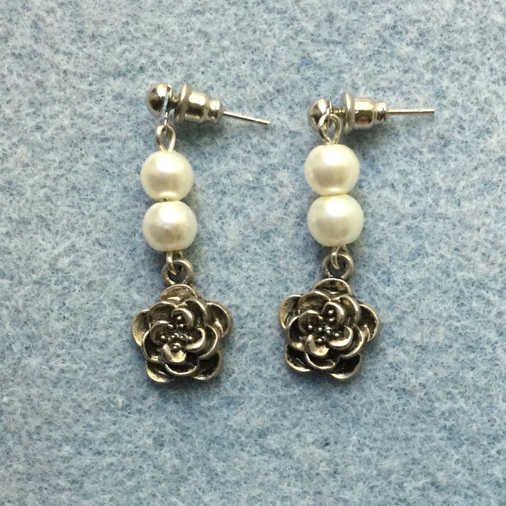 Pewter Rose & Glass Pearl Drop Post Earrings